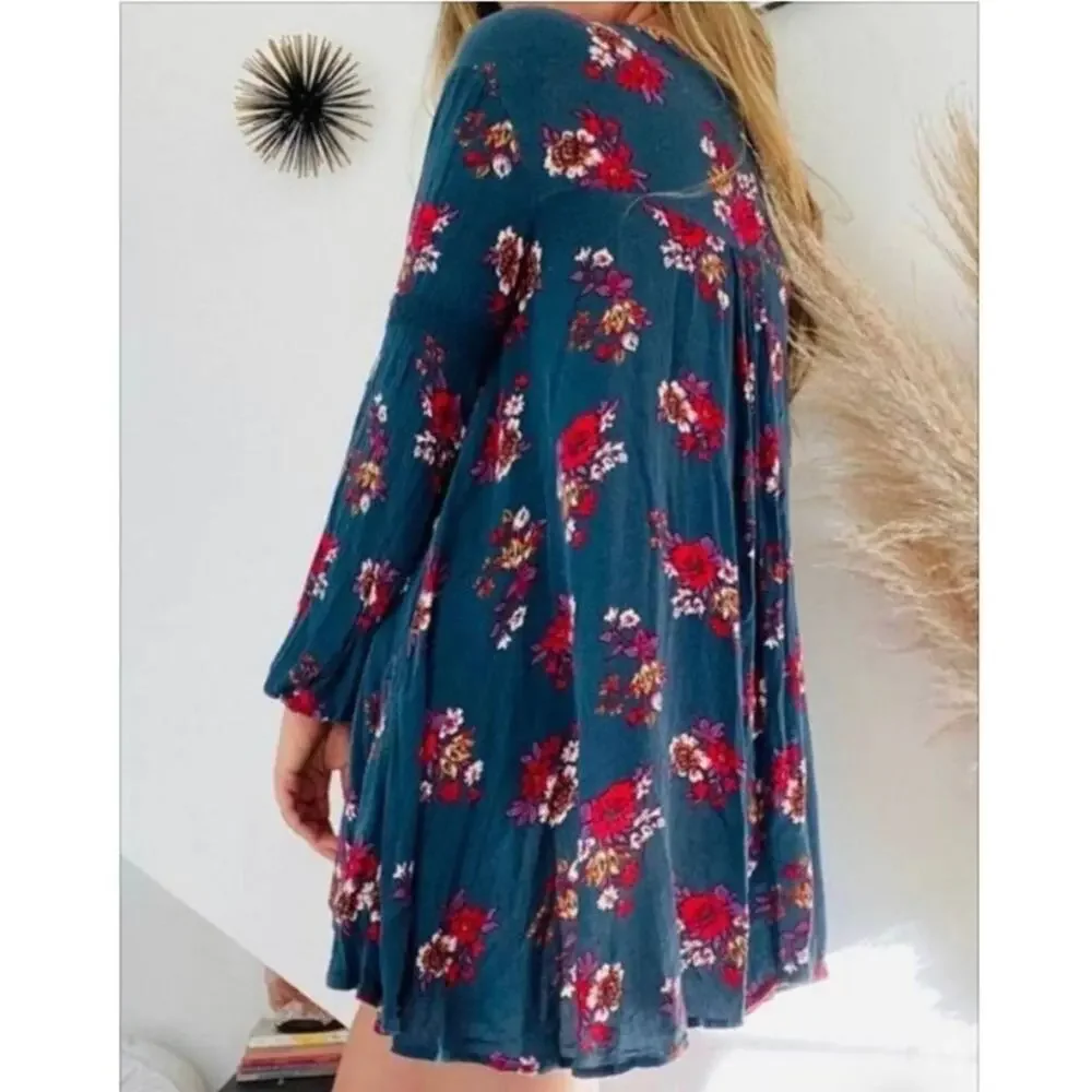 Free People  Electric Orchard Tunic Mini Trapeze Swing Teal Dress S Whimsigoth